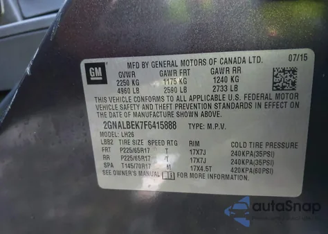 2015 Chevrolet Equinox 1Lt z USA, uszkodzony, nr VIN 2GNALBEK7F6415888